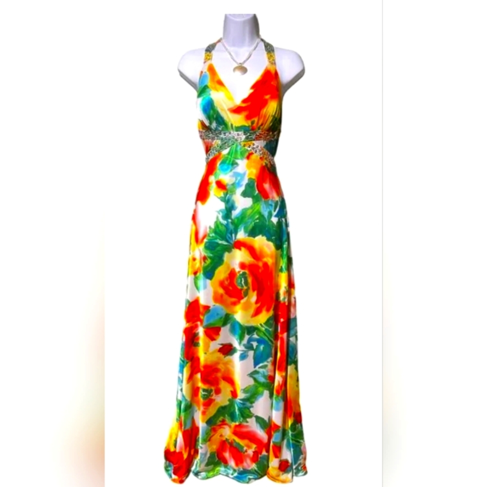 Morgan & Co. Abstract Floral beaded Sleeveless Crisscross Back V-neck Maxi Dress